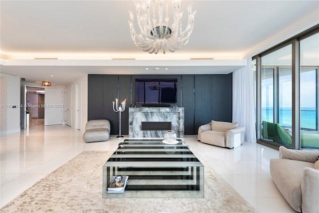 living room featuring light tile patterned floors and a fireplace