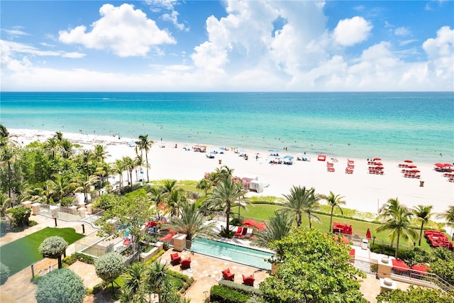 view of water feature with a beach view