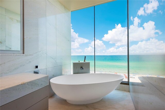 bathroom featuring a water view, vanity, a view of the beach, and a washtub