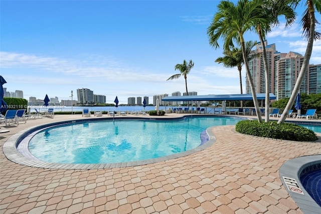 view of swimming pool featuring a patio area