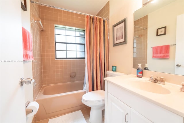 full bathroom with shower / bath combination with curtain, toilet, tile patterned floors, and vanity