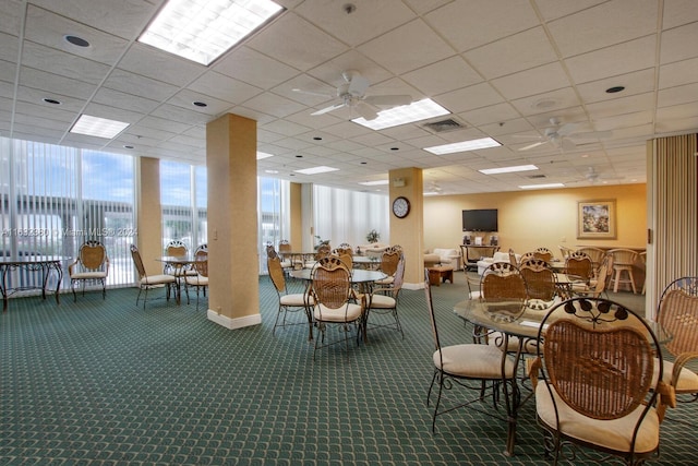 dining room with ceiling fan, carpet flooring, and a paneled ceiling