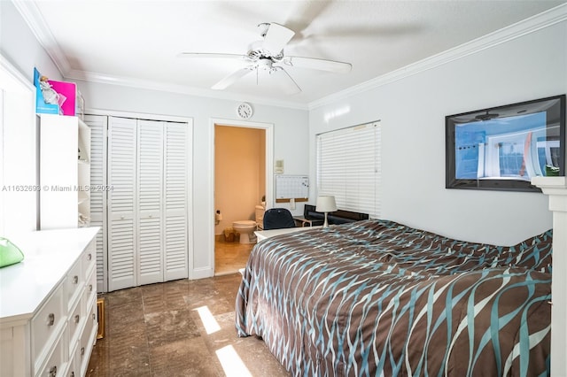 bedroom with ornamental molding, ceiling fan, ensuite bathroom, and a closet