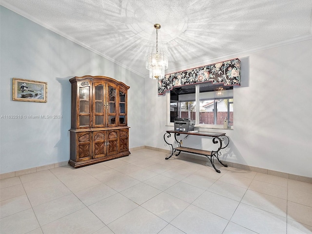 tiled dining area with crown molding, a chandelier, and a textured ceiling