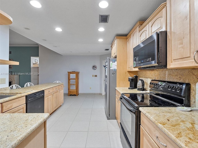 kitchen featuring crown molding, backsplash, light brown cabinetry, and black appliances