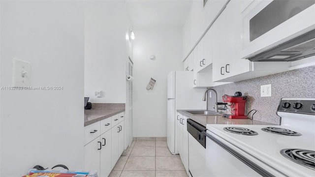 kitchen featuring white cabinetry, stainless steel dishwasher, light tile patterned flooring, decorative backsplash, and white electric range oven