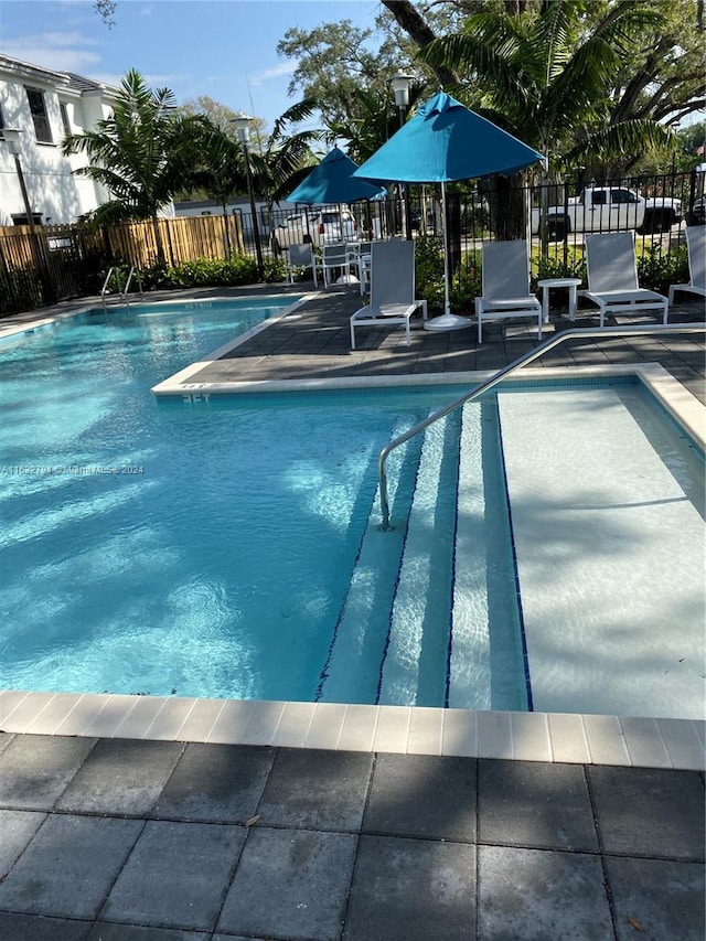 view of swimming pool featuring a patio area