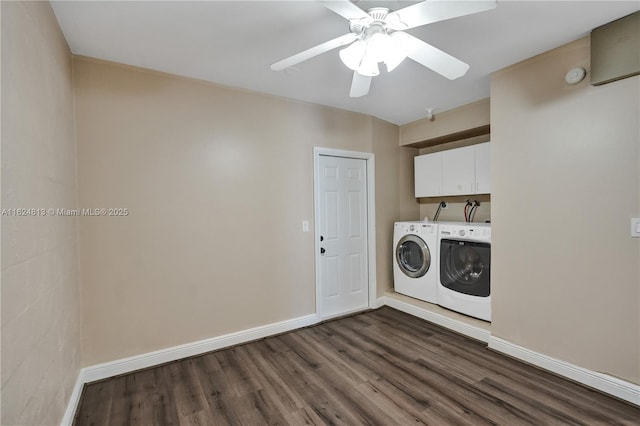 clothes washing area with cabinet space, baseboards, dark wood-style floors, ceiling fan, and separate washer and dryer