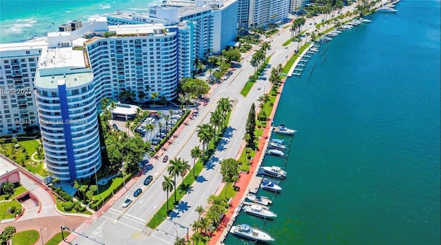 drone / aerial view featuring a water view