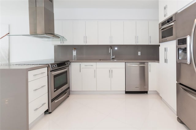 kitchen featuring stainless steel appliances, sink, backsplash, white cabinets, and island exhaust hood