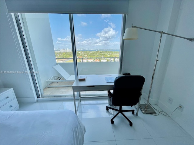 home office with light tile patterned floors