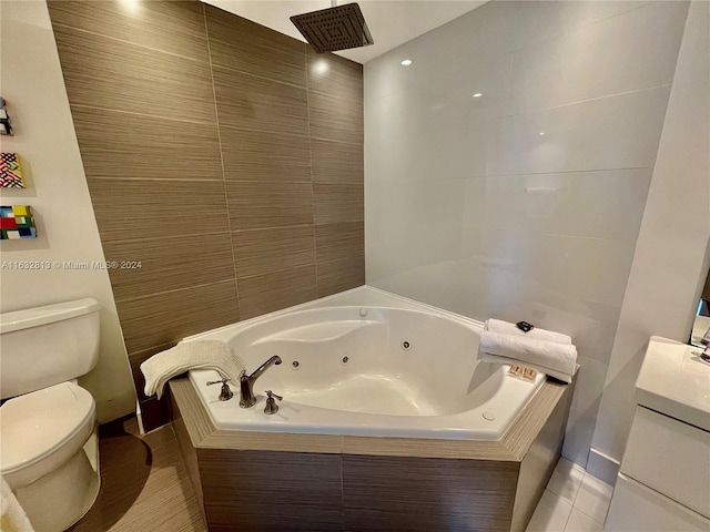 bathroom featuring tile patterned flooring, toilet, tile walls, and plus walk in shower