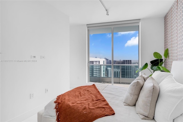 bedroom featuring rail lighting and expansive windows