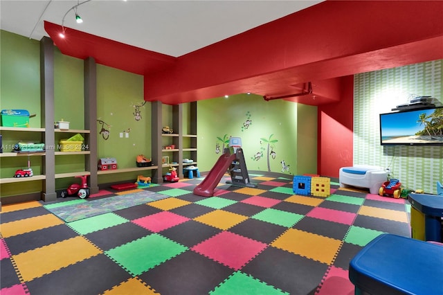 playroom with carpet floors and rail lighting