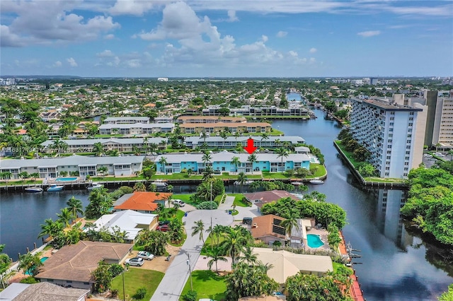 drone / aerial view featuring a water view