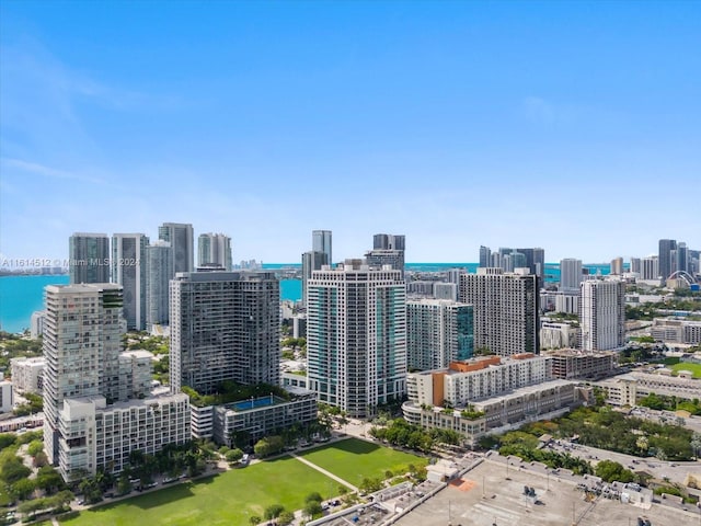 bird's eye view with a water view