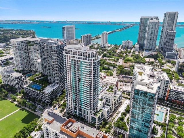 aerial view featuring a water view