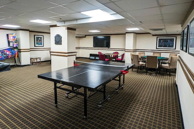 game room with a drop ceiling and carpet floors