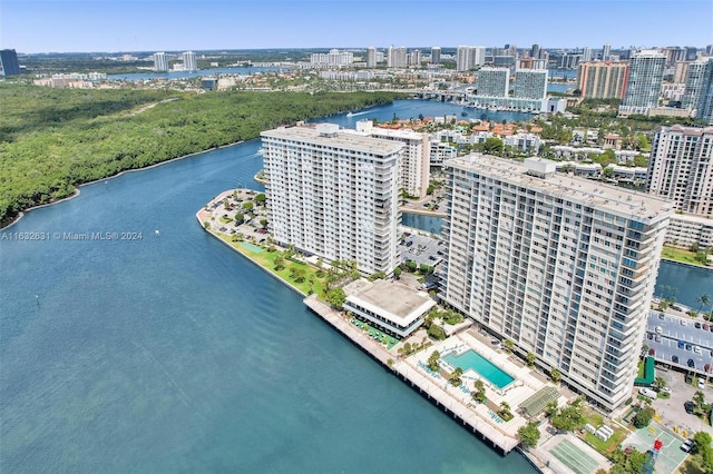 aerial view featuring a view of city and a water view