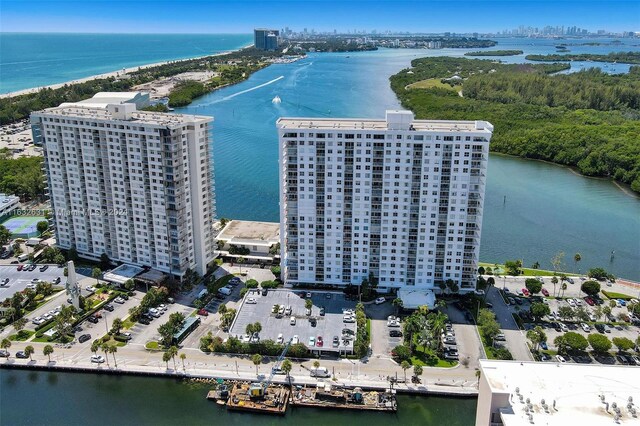 aerial view featuring a water view