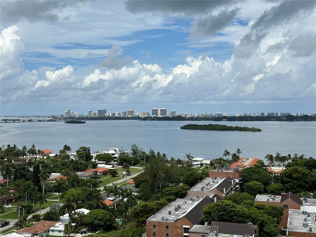 bird's eye view with a city view and a water view