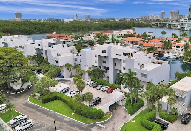 bird's eye view with a water view