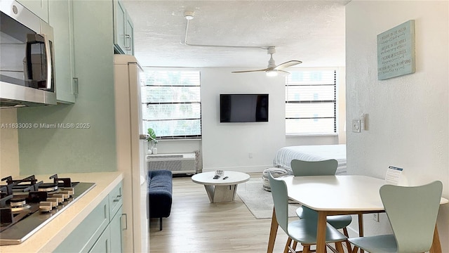 dining space featuring light wood-style floors, baseboards, a ceiling fan, and a textured ceiling