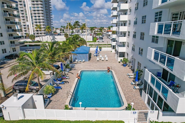 view of swimming pool featuring a patio