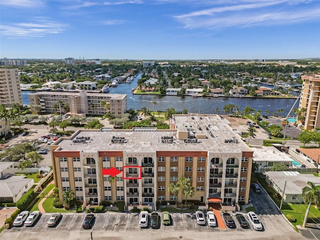 bird's eye view with a water view