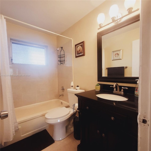 full bathroom with shower / bath combination with curtain, vanity, and toilet