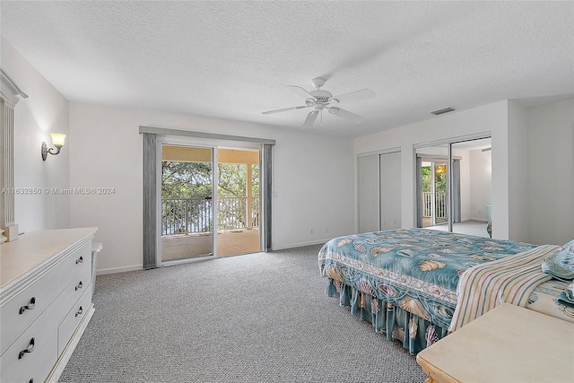 bedroom featuring multiple windows, access to exterior, carpet floors, and ceiling fan