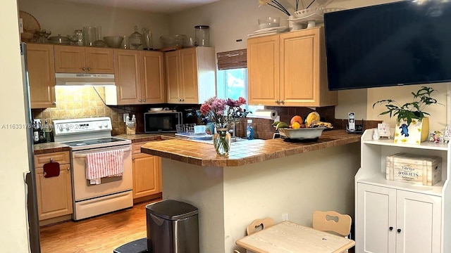 kitchen with decorative backsplash, kitchen peninsula, white range with electric cooktop, a kitchen breakfast bar, and light hardwood / wood-style floors