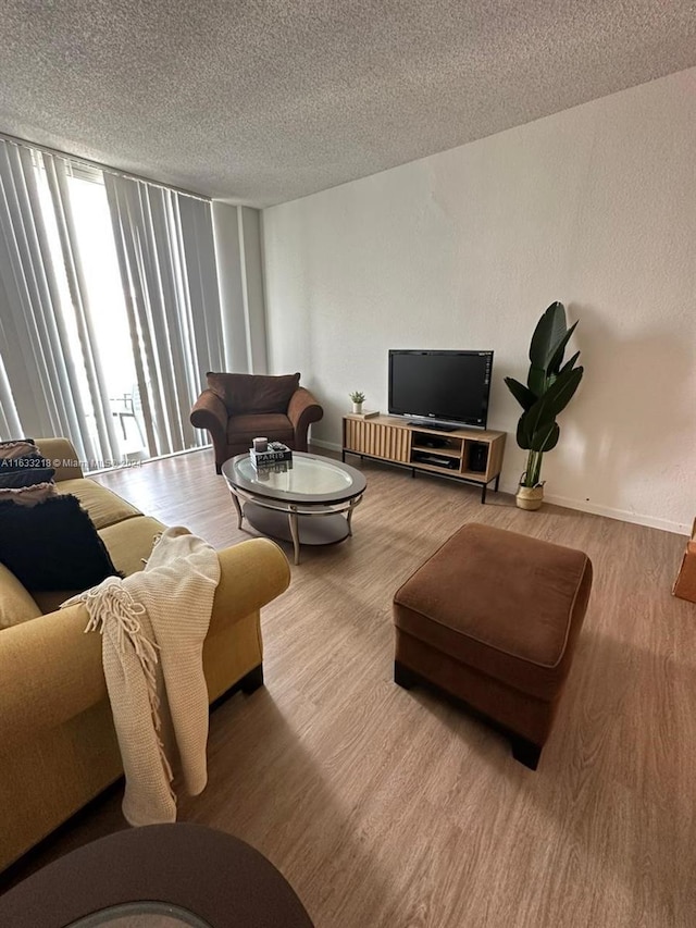 living room with wood-type flooring and a textured ceiling