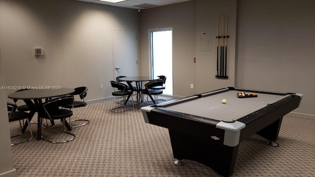 rec room featuring pool table and carpet