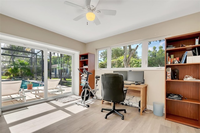 office area with a ceiling fan and wood finished floors