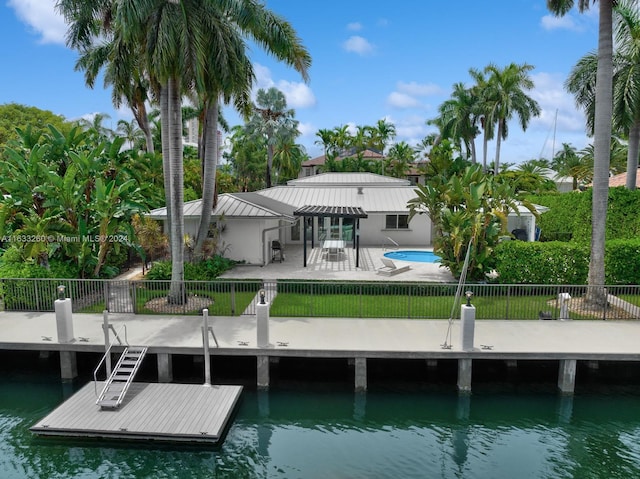 dock area with a patio, a water view, and a fenced in pool