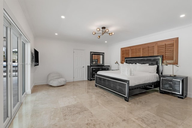 bedroom with a chandelier and crown molding