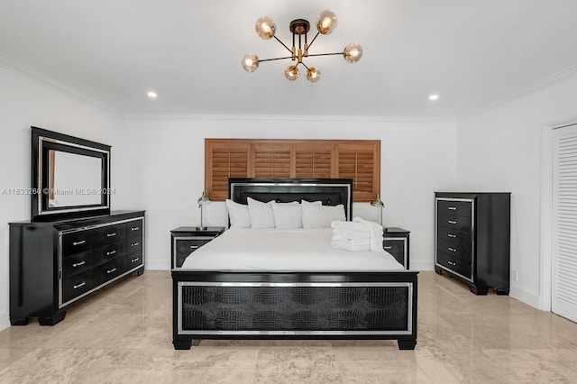 bedroom with ornamental molding and a chandelier