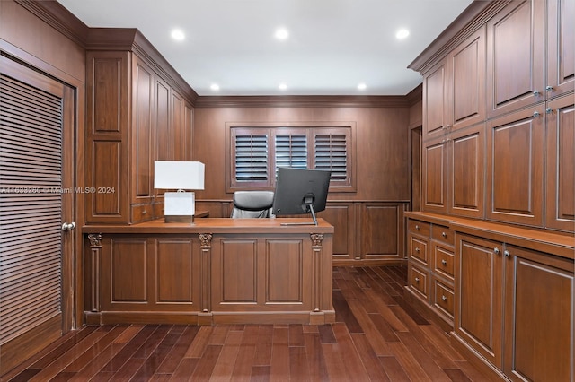 unfurnished office with dark hardwood / wood-style flooring