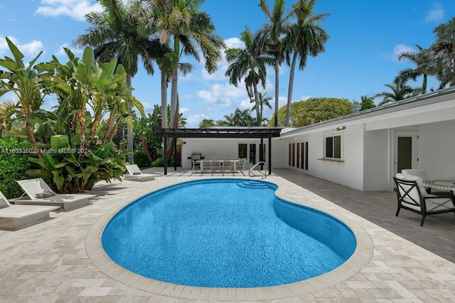 view of swimming pool featuring a pergola and a patio area