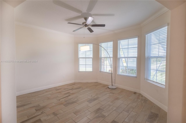 unfurnished room with light wood-type flooring, ceiling fan, and ornamental molding