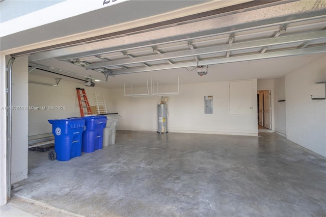 garage featuring electric panel, a garage door opener, and water heater