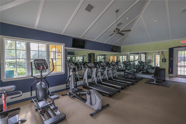 exercise room featuring carpet, ceiling fan, a healthy amount of sunlight, and lofted ceiling