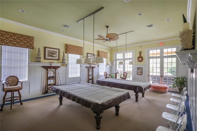 recreation room with carpet floors, ceiling fan, and billiards