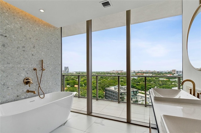 interior space with a washtub, vanity, and a healthy amount of sunlight