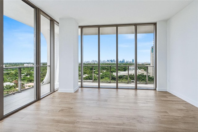 spare room with expansive windows and light hardwood / wood-style flooring