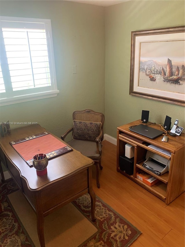 home office with hardwood / wood-style floors