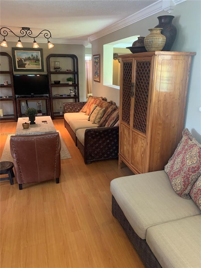 living room featuring hardwood / wood-style floors and ornamental molding