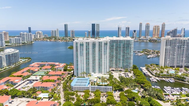 drone / aerial view featuring a water view