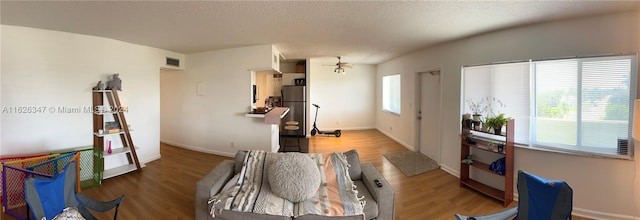 living room with a textured ceiling and wood-type flooring